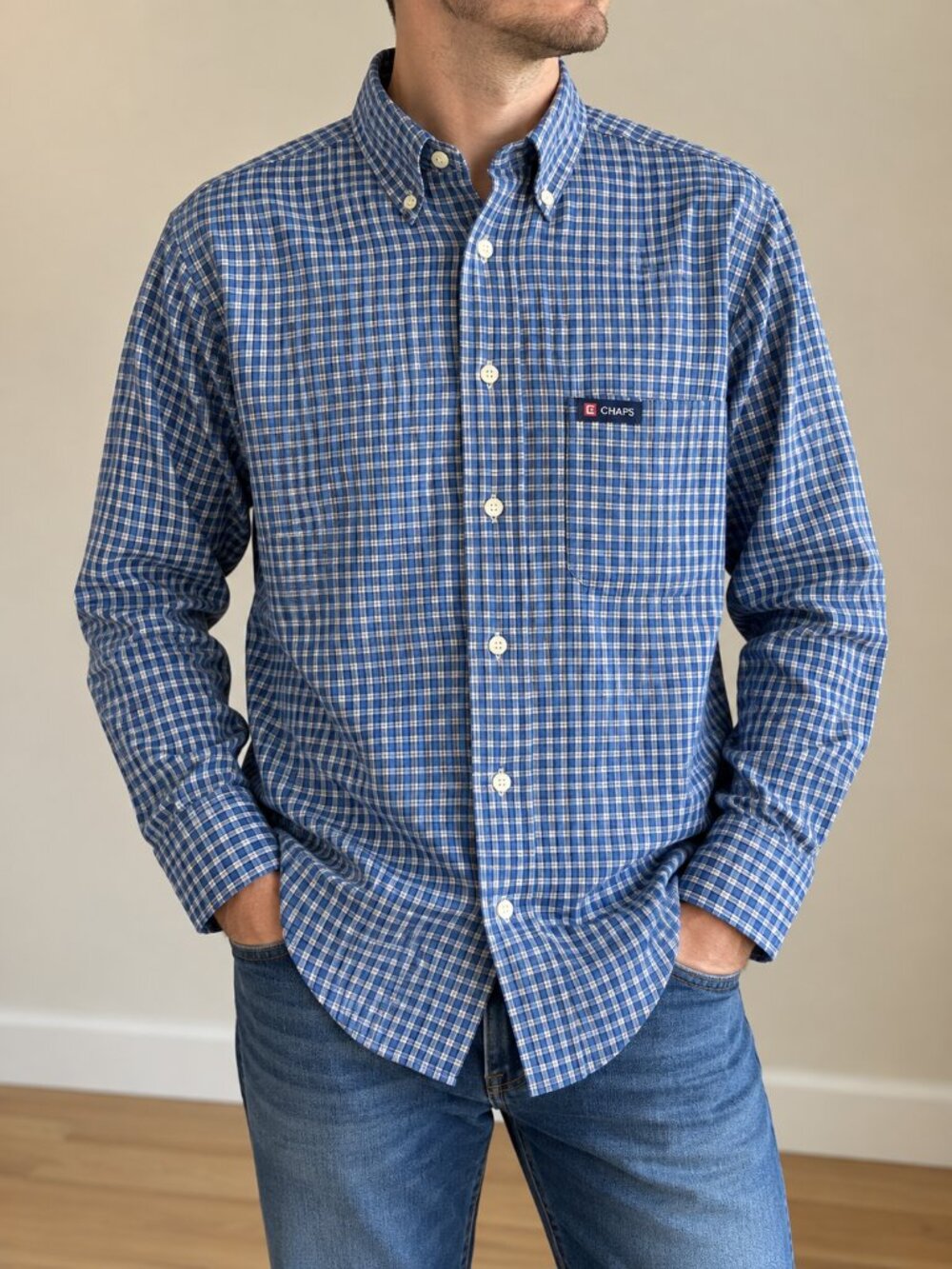 Chaps Men’s Blue Plaid Button-Down Shirt Long Sleeve Size L